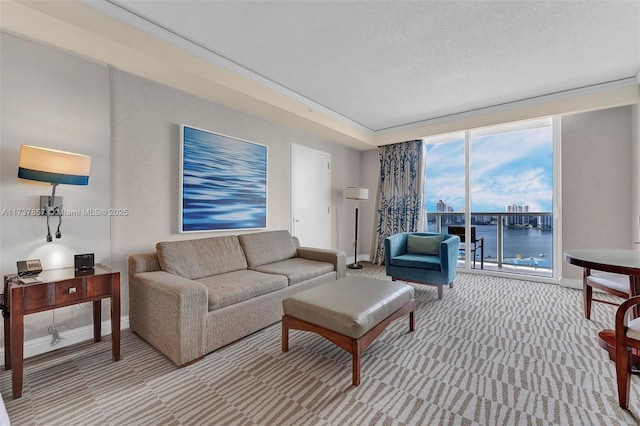 living area featuring a textured ceiling, a water view, and light colored carpet