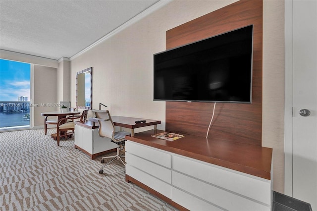 home office with light colored carpet, crown molding, and a textured ceiling