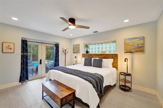 bedroom with access to exterior, french doors, visible vents, and baseboards