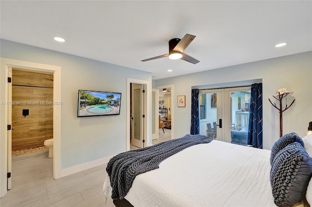 bedroom featuring access to exterior, french doors, recessed lighting, light wood-style flooring, and baseboards