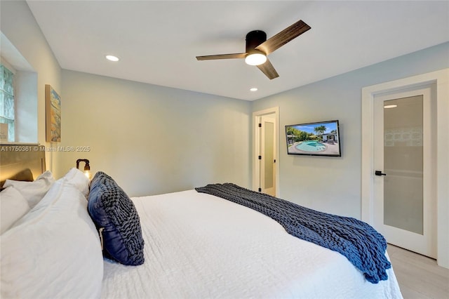 bedroom with ceiling fan and recessed lighting