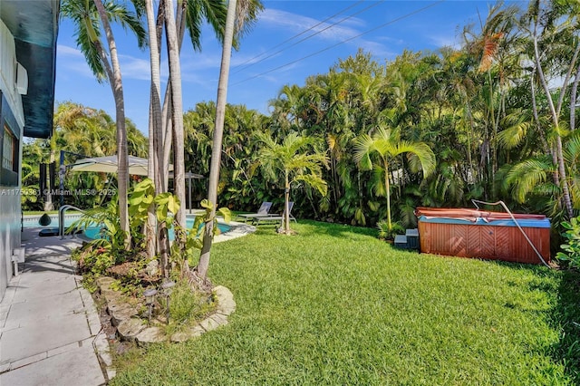 view of yard with a hot tub