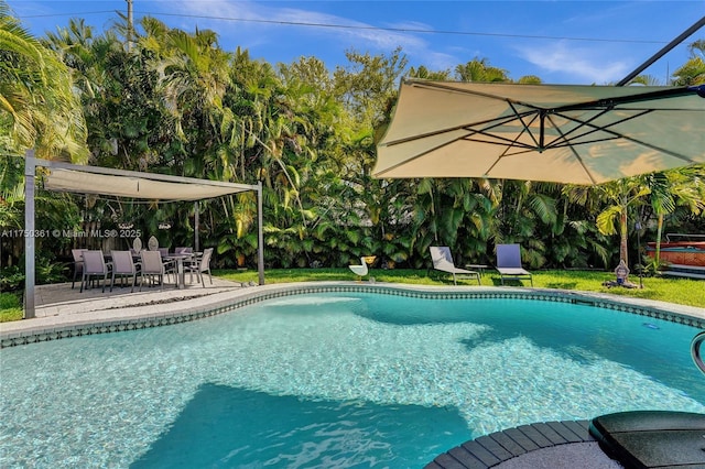 pool featuring a patio and a yard