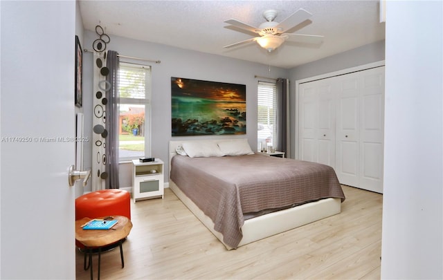 bedroom featuring light wood finished floors, multiple windows, and a closet