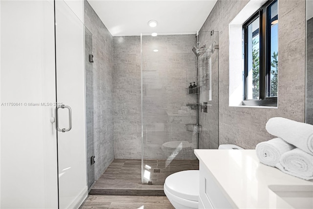 full bath with a stall shower, tile walls, toilet, and vanity