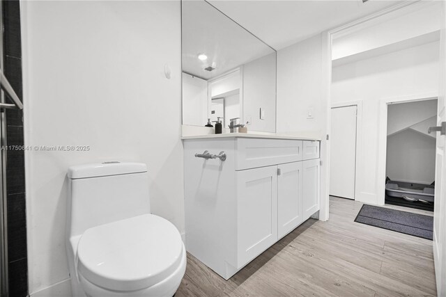 bathroom featuring vanity, wood finished floors, and toilet