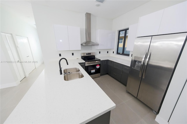 kitchen featuring white cabinets, appliances with stainless steel finishes, a peninsula, wall chimney range hood, and a sink