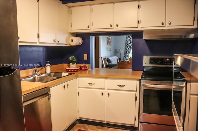 kitchen featuring a sink, stainless steel appliances, light countertops, and under cabinet range hood