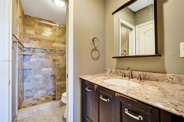 full bath with vanity, tile patterned flooring, a shower stall, and toilet