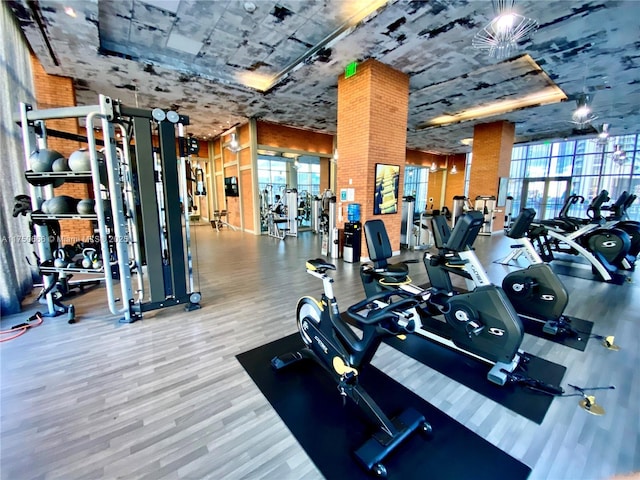 workout area featuring wood finished floors