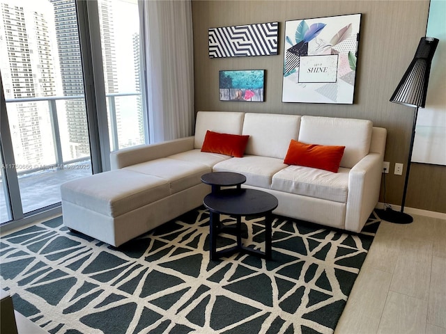 living area featuring baseboards and wood finished floors