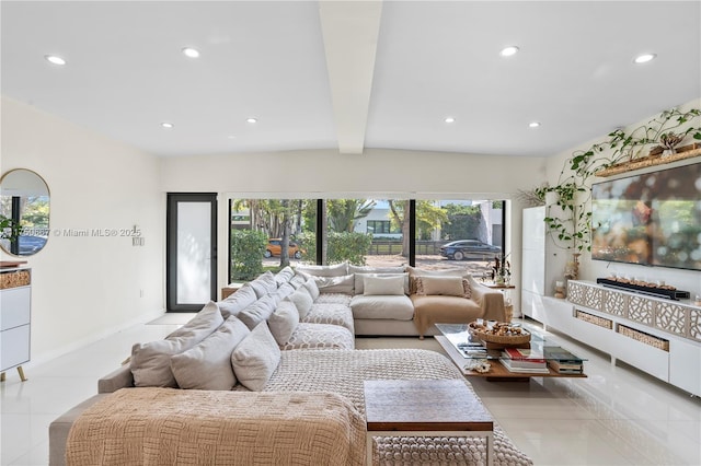 living area featuring recessed lighting, beam ceiling, baseboards, and light tile patterned floors