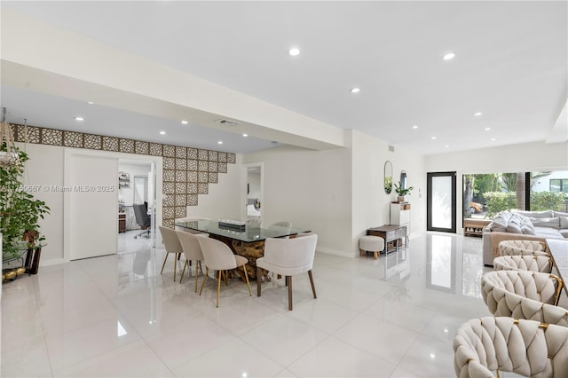 dining room with recessed lighting, visible vents, baseboards, and light tile patterned floors