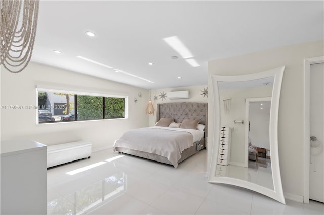 bedroom featuring recessed lighting, light tile patterned floors, baseboards, and a wall mounted AC