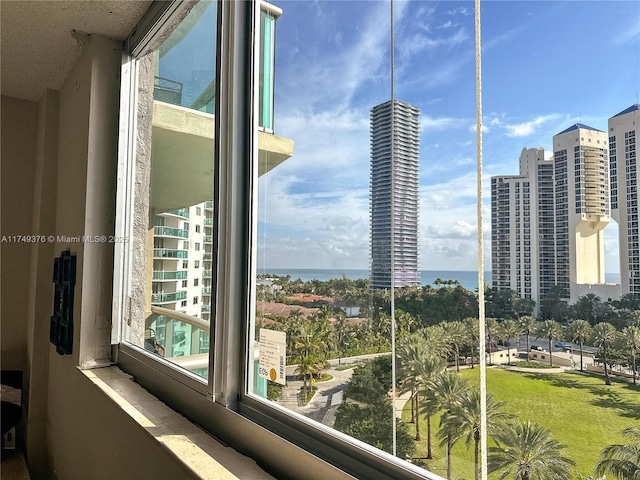 interior space featuring a water view