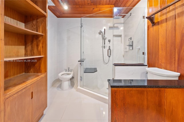 bathroom with a bidet, wooden ceiling, a shower stall, and tile patterned floors