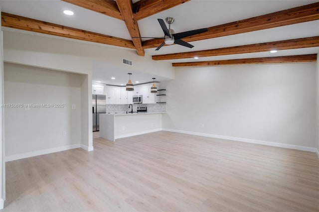 17329 Birchwood Ln Unit A, Fort Myers, FL 33908 - unfurnished living room featuring a sink, beam ceiling, baseboards, and ceiling fan