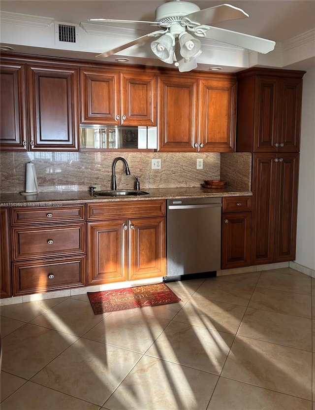 kitchen featuring decorative backsplash, dishwasher, light stone counters, ornamental molding, and a sink