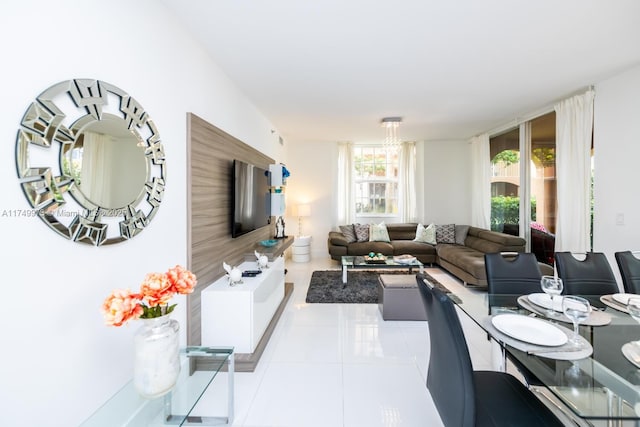 living room featuring light tile patterned flooring