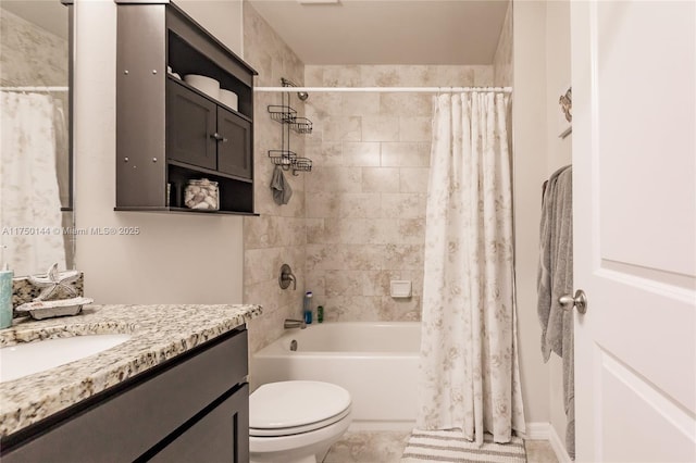 full bathroom with toilet, shower / bath combination with curtain, and vanity