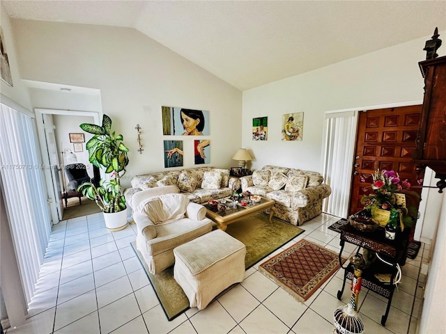 living room with lofted ceiling and light tile patterned floors