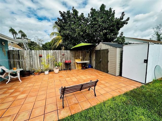 view of patio / terrace with a fenced backyard, an outdoor structure, grilling area, and a storage unit