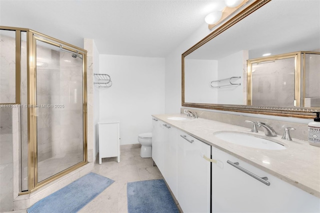 bathroom featuring toilet, a shower stall, double vanity, and a sink