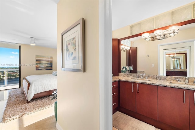 ensuite bathroom with a sink, double vanity, expansive windows, and connected bathroom