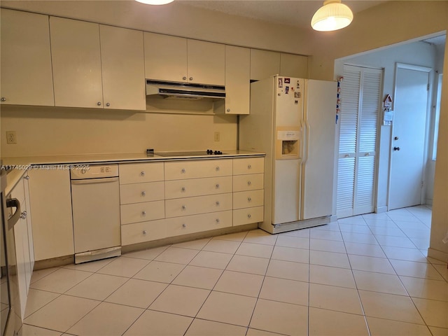 kitchen with white cabinets, black electric stovetop, light countertops, under cabinet range hood, and white fridge with ice dispenser