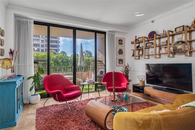 living area featuring ornamental molding