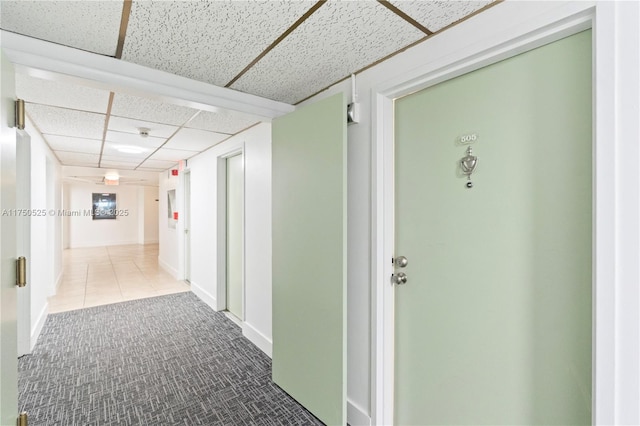 hall with carpet floors and a drop ceiling