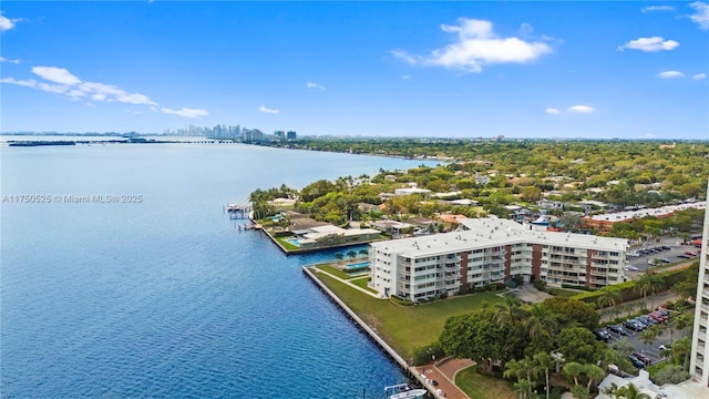 birds eye view of property featuring a view of city and a water view