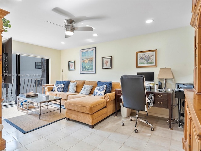 office area featuring a ceiling fan, recessed lighting, and light tile patterned flooring