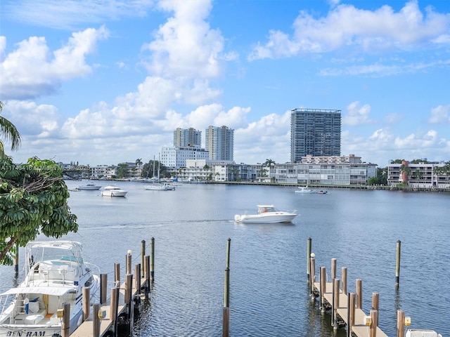 dock area featuring a view of city and a water view