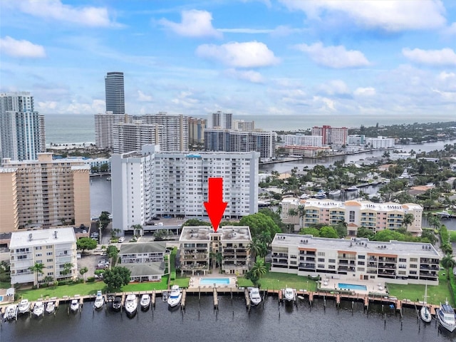 aerial view with a view of city and a water view