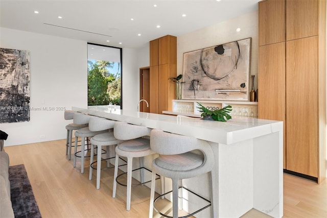 kitchen with a kitchen island with sink, light wood-type flooring, light countertops, and modern cabinets