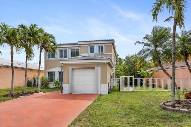 view of front of home featuring a garage, fence, concrete driveway, stucco siding, and a front yard