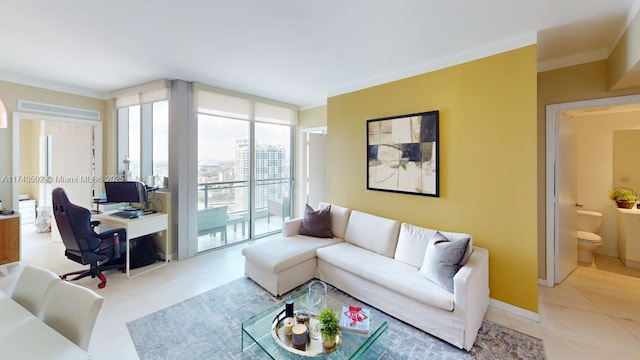 living room featuring tile patterned flooring and baseboards