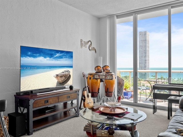 carpeted living room featuring floor to ceiling windows, a water view, a textured wall, and a textured ceiling