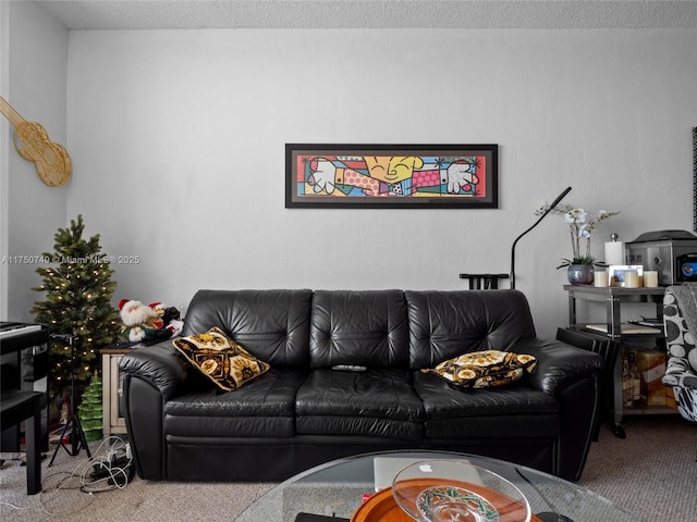 living room with a textured ceiling and carpet