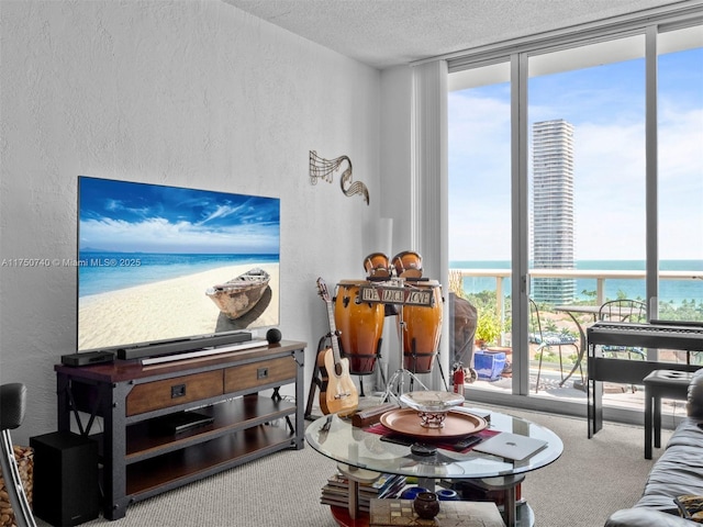 19390 Collins Ave Unit Ph-24, Sunny Isles Beach, FL 33160 - carpeted living area featuring a textured wall, expansive windows, a water view, and a textured ceiling