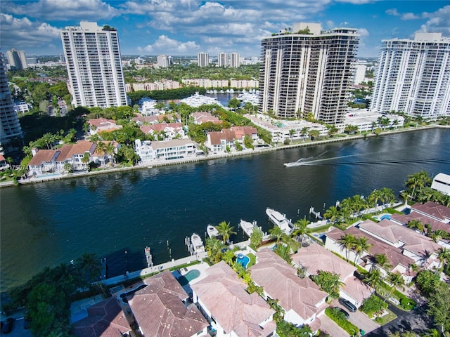 bird's eye view featuring a water view and a city view