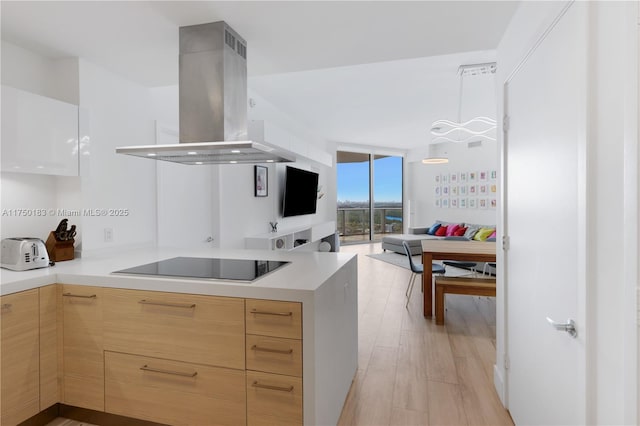 kitchen featuring island exhaust hood, light countertops, expansive windows, open floor plan, and modern cabinets