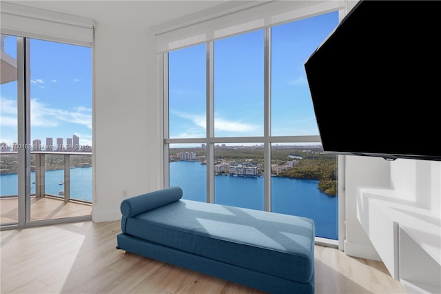 interior space featuring a view of city, light wood-style flooring, and floor to ceiling windows