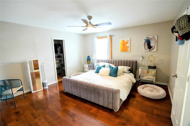 bedroom featuring baseboards, ceiling fan, dark wood-type flooring, a spacious closet, and a closet