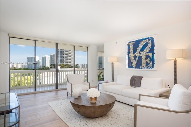 living area with a view of city, light wood finished floors, and expansive windows