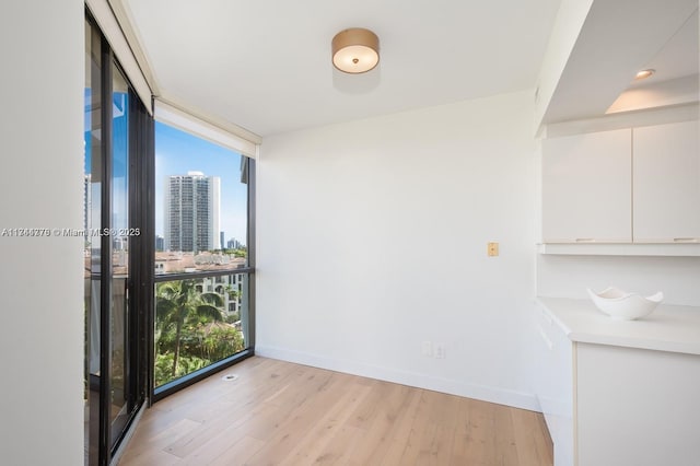 interior space featuring a wall of windows, a view of city, light wood-type flooring, and plenty of natural light