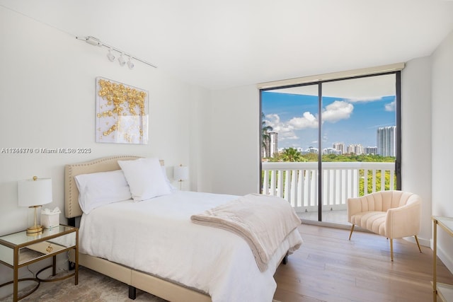 bedroom featuring access to exterior, floor to ceiling windows, a city view, and light wood finished floors