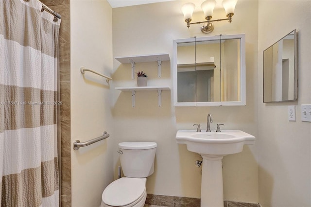 full bathroom with toilet, a stall shower, and a sink