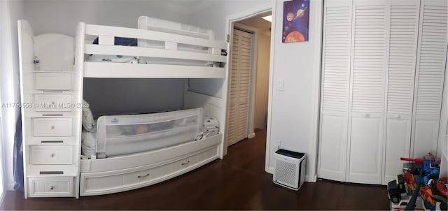 bedroom with a closet and dark wood-style flooring